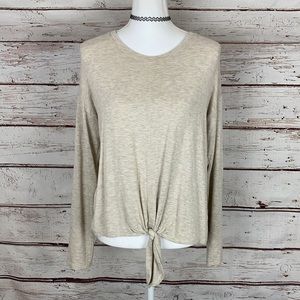 Bobeau Oatmeal Tie Front Long Sleeve Top S
